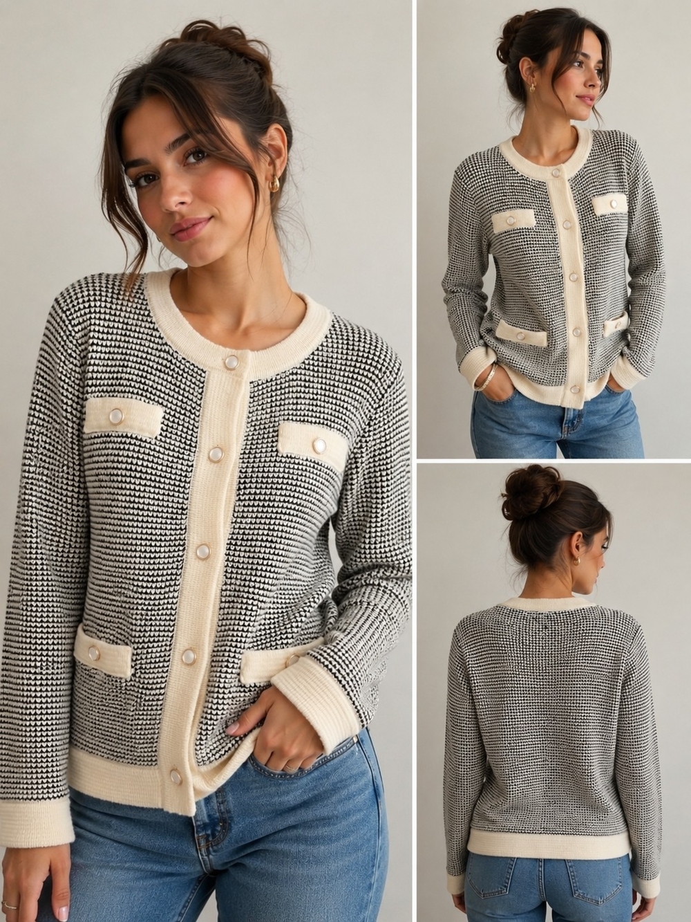 Sioni Black & Cream Knit Cardigan Sweater Pearl Button Size Small